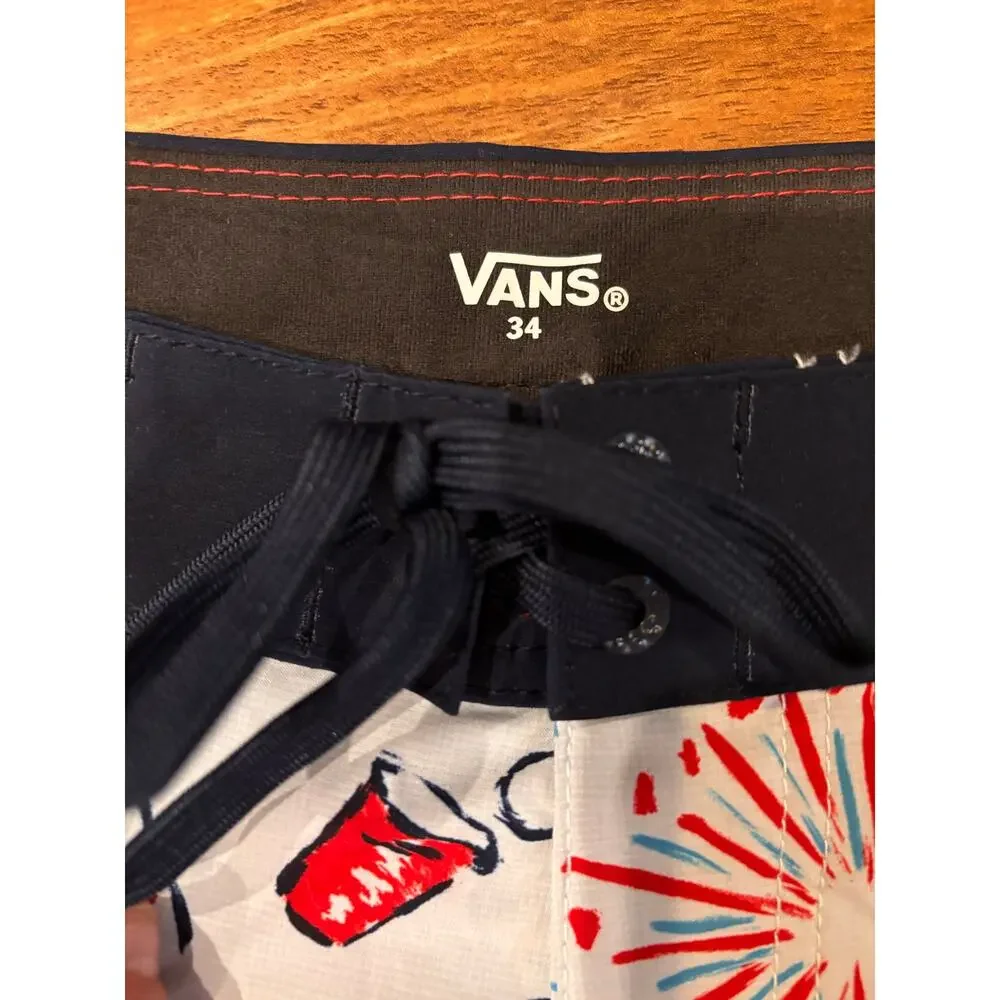 Vans men’s size 34 patriotic swim trunks red white and blue. 18” outseam NWT